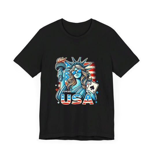 Statue of Liberty Poker USA Independence Day Poker Tee - Funny T-Shirt for Poker Lovers, Patriotic Gift, Unique Casino Apparel - PokerCircle Design Studio