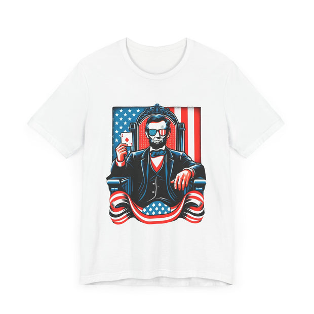 Abraham Lincoln Independence Day Poker T-Shirt - Funny Tee for Poker Lovers, Patriotic Gift, Unique American Poker Apparel - PokerCircle Design Studio