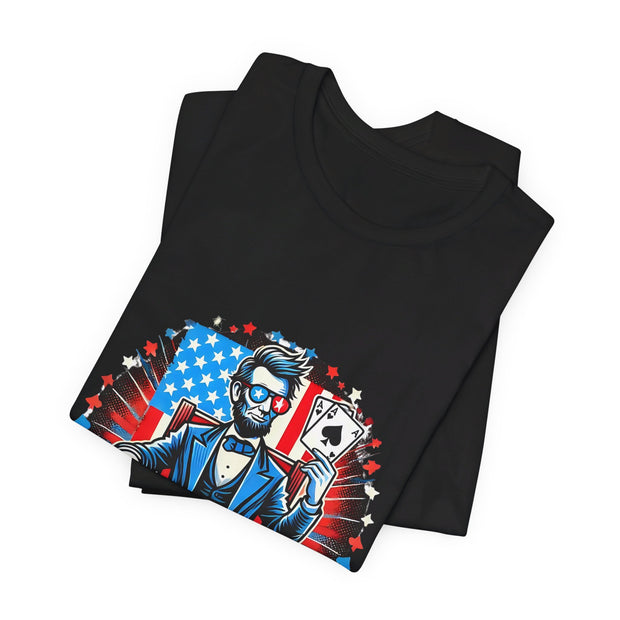 Abraham Lincoln Independence Day Poker Player T-Shirt - Funny Tee for Poker Lovers, Patriotic Gift, Unique Casino Apparel - PokerCircle Design Studio